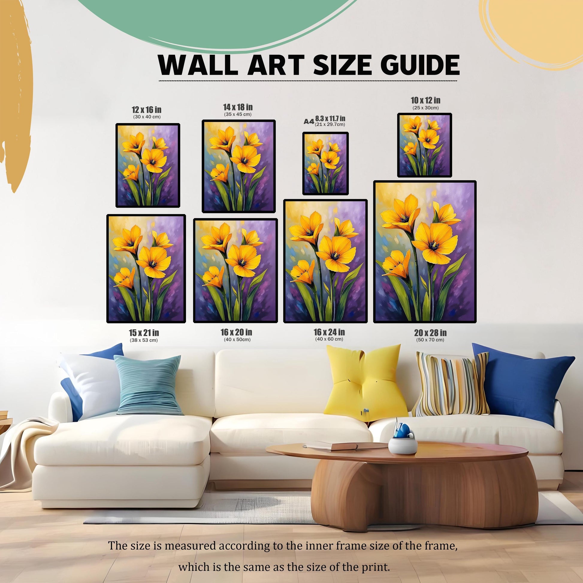 A wall art size guide showing the floral print in various sizes displayed above a couch, with dimensions in inches and centimeters.