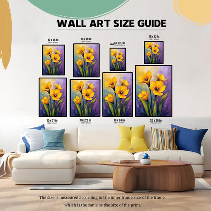 A wall art size guide showing the floral print in various sizes displayed above a couch, with dimensions in inches and centimeters.