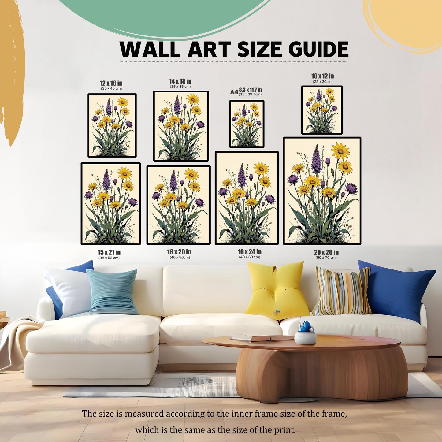 A wall art size guide showing the floral print in various sizes displayed above a couch, with dimensions in inches and centimeters.
