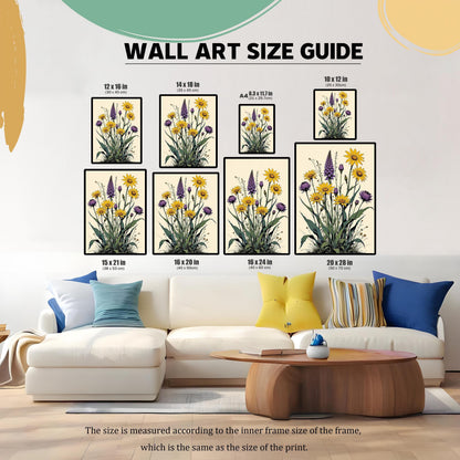 A wall art size guide showing the floral print in various sizes displayed above a couch, with dimensions in inches and centimeters.