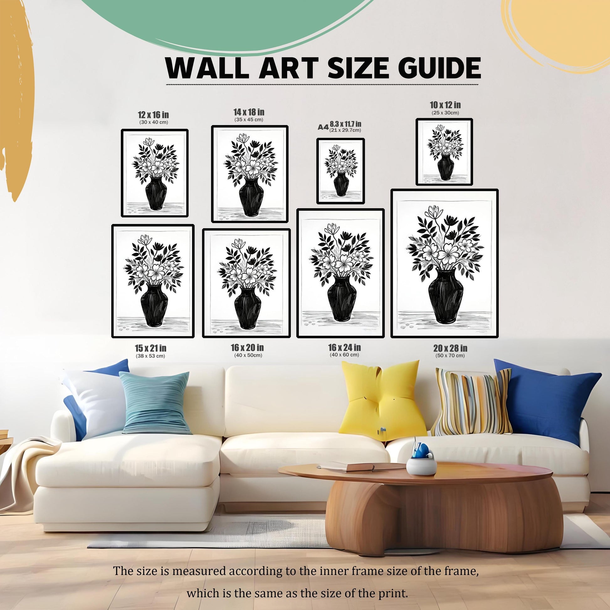A wall art size guide showing a black and white floral drawing in eight different sizes, arranged above a white couch. The sizes are listed in inches and centimeters.