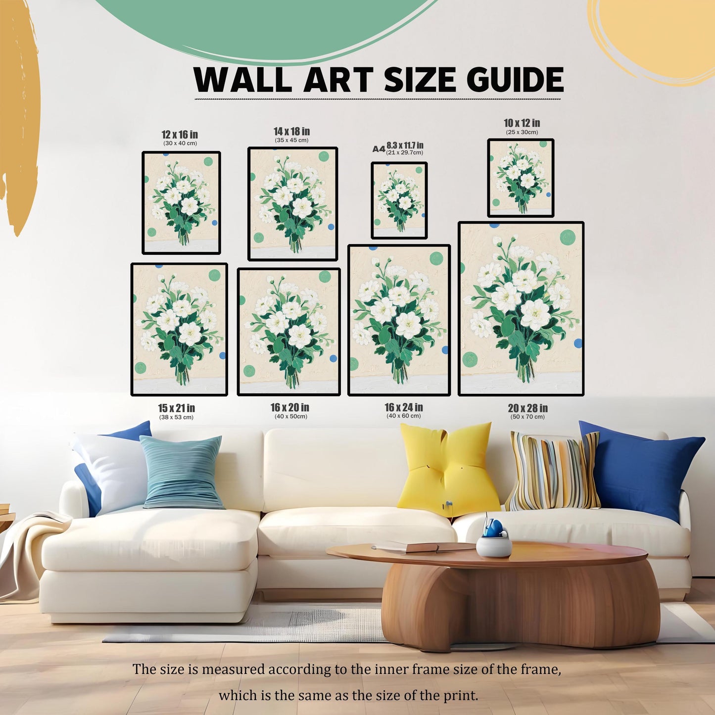 A wall art size guide showing a white flower painting in eight different sizes, arranged above a couch. The sizes are listed in both inches and centimeters.