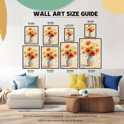 A wall art size guide showing various frame sizes of the flower print in a living room setting, from 8.3x11.7 inches to 20x28 inches.