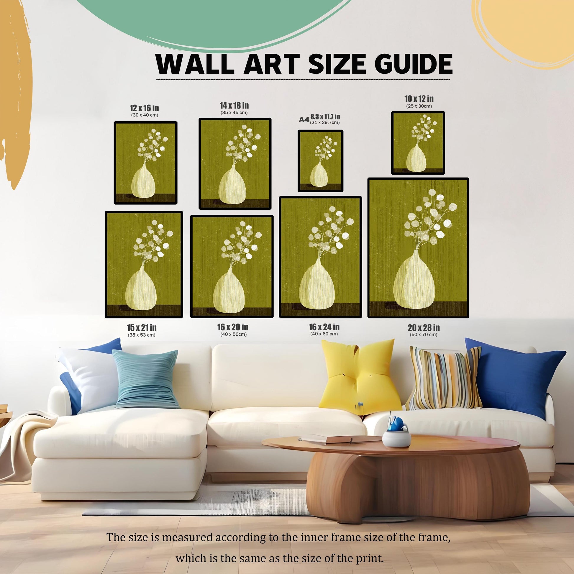 Wall art size guide showing various dimensions from 10x12 inches to 20x28 inches arranged above a white modern sofa to help customers visualize scale.
