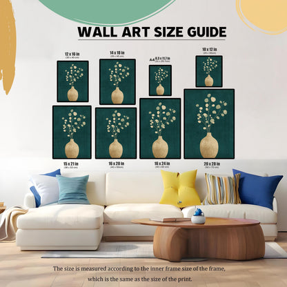 A wall art size guide showing various dimensions from 10×12 inches up to 20×28 inches displayed to scale above a modern white sectional sofa.