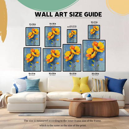 A wall art size guide showing multiple sizes of a yellow and orange poppy painting hanging in a living room, illustrating different dimensions and their scale.