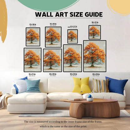 A wall art size guide showing multiple sizes of an autumn tree painting hanging in a living room, illustrating different dimensions and their scale.