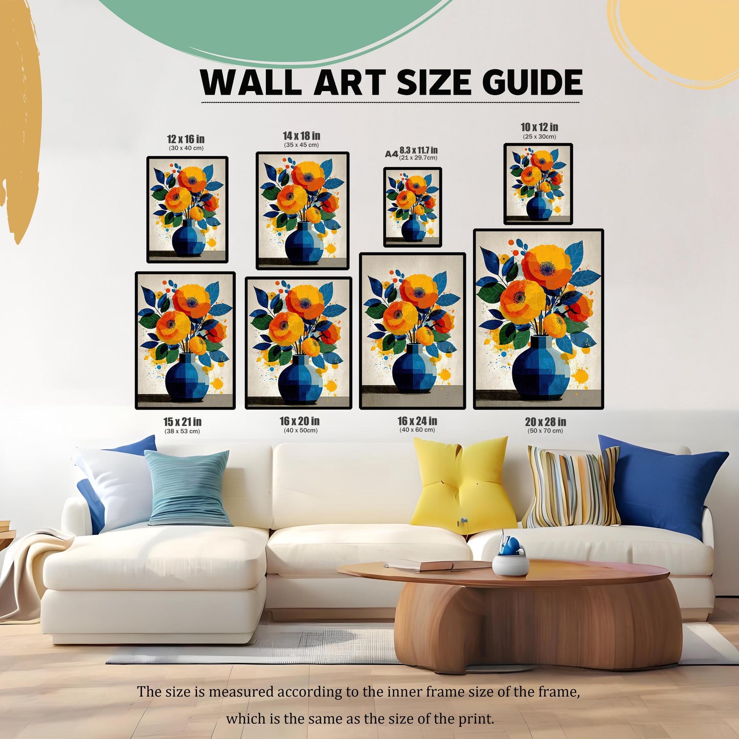 A wall art size guide showing multiple sizes of a floral vase painting, illustrating different dimensions and their scale in a living room.