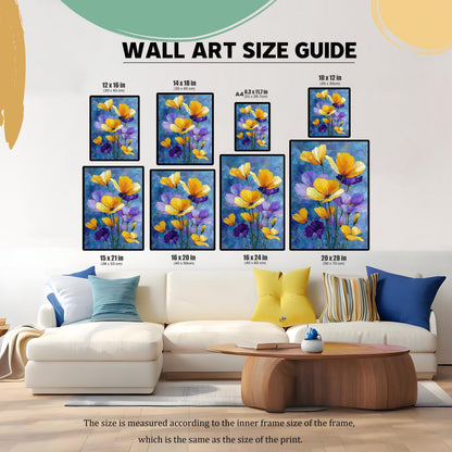 A wall art size guide with eight different sizes of the framed flower print, ranging from 8.3x11.7 inches to 20x28 inches, arranged on a white couch.