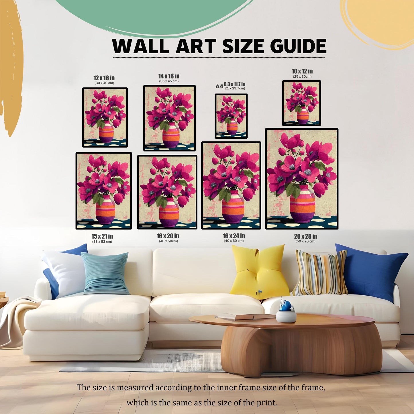 Wall art size guide infographic showing various print dimensions from 10x12 inches to 20x28 inches above a sofa.