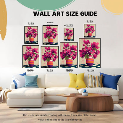 Wall art size guide infographic showing various print dimensions from 10x12 inches to 20x28 inches above a sofa.