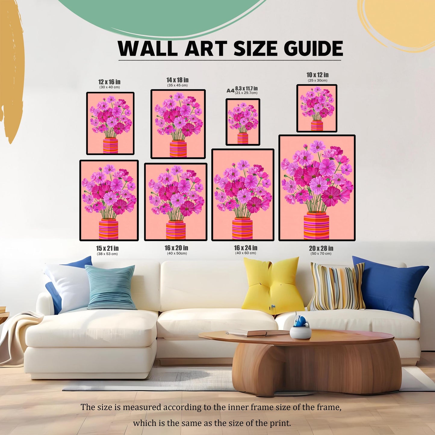 WALL ART SIZE GUIDE graphic showing eight different sizes of the framed Cosmos flower print displayed above a white couch, including 12x16 in, 14x18 in, A4, 10x12 in, 15x21 in, 16x20 in, 16x24 in, and 20x28 in.