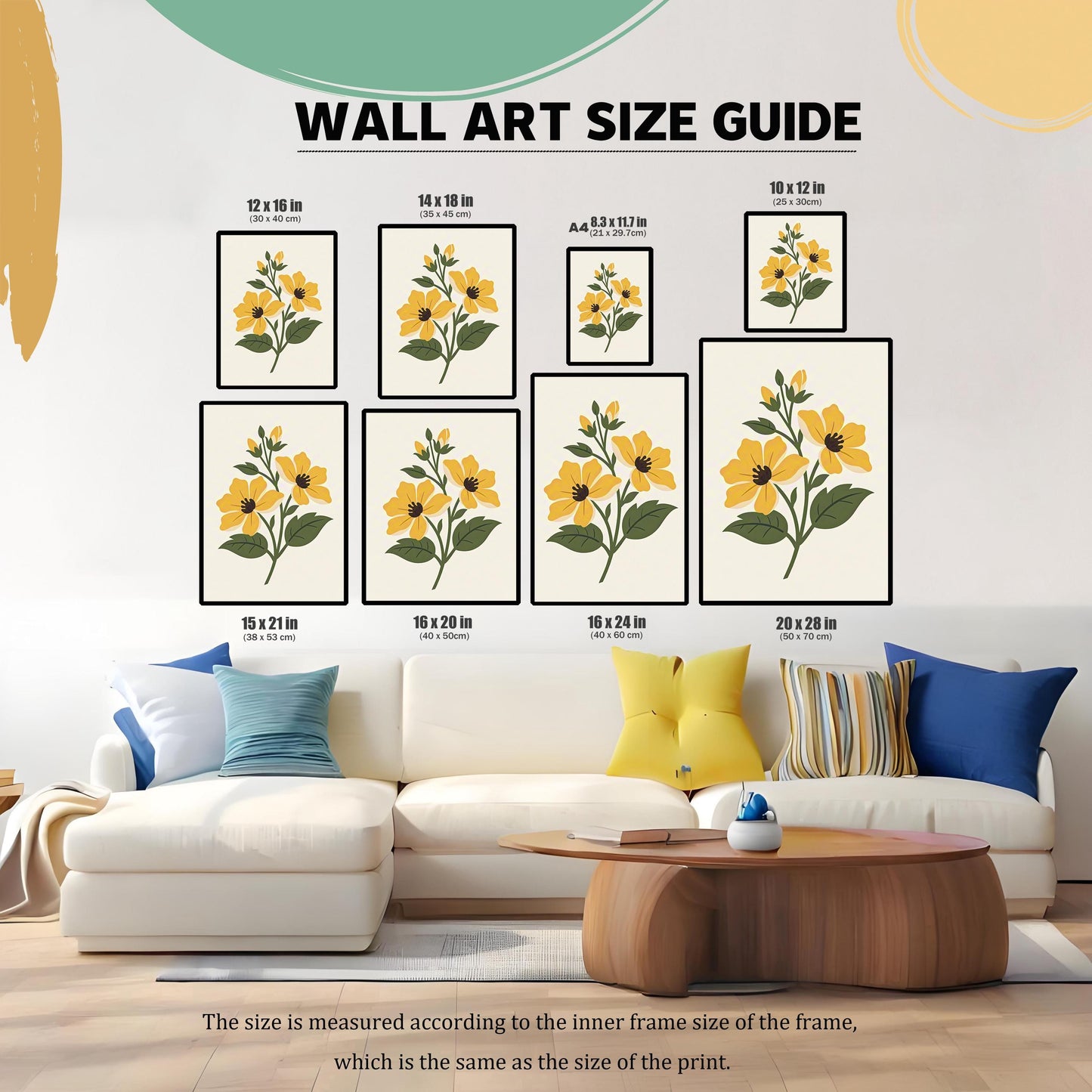 WALL ART SIZE GUIDE. The yellow floral print is shown in eight different sizes framed and hung above a white sectional couch to illustrate scale. Sizes listed are: 12x16, 14x18, 8.3x11.7 (A4), 10x12, 15x21, 16x20, 16x24, and 20x28 inches.