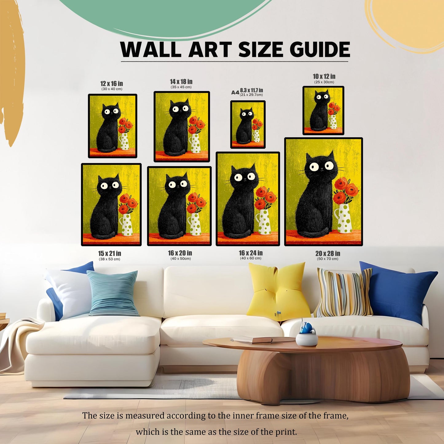 Wall Art Size Guide showing eight different sizes of the framed black cat print arranged over a white living room sofa. Available sizes include 12x16, 14x18, A4 (8.3x11.7), 10x12, 15x21, 16x20, 16x24, and 20x28 inches. The image provides context for size selection.