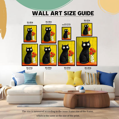 Wall Art Size Guide showing eight different sizes of the framed black cat print arranged over a white living room sofa. Available sizes include 12x16, 14x18, A4 (8.3x11.7), 10x12, 15x21, 16x20, 16x24, and 20x28 inches. The image provides context for size selection.
