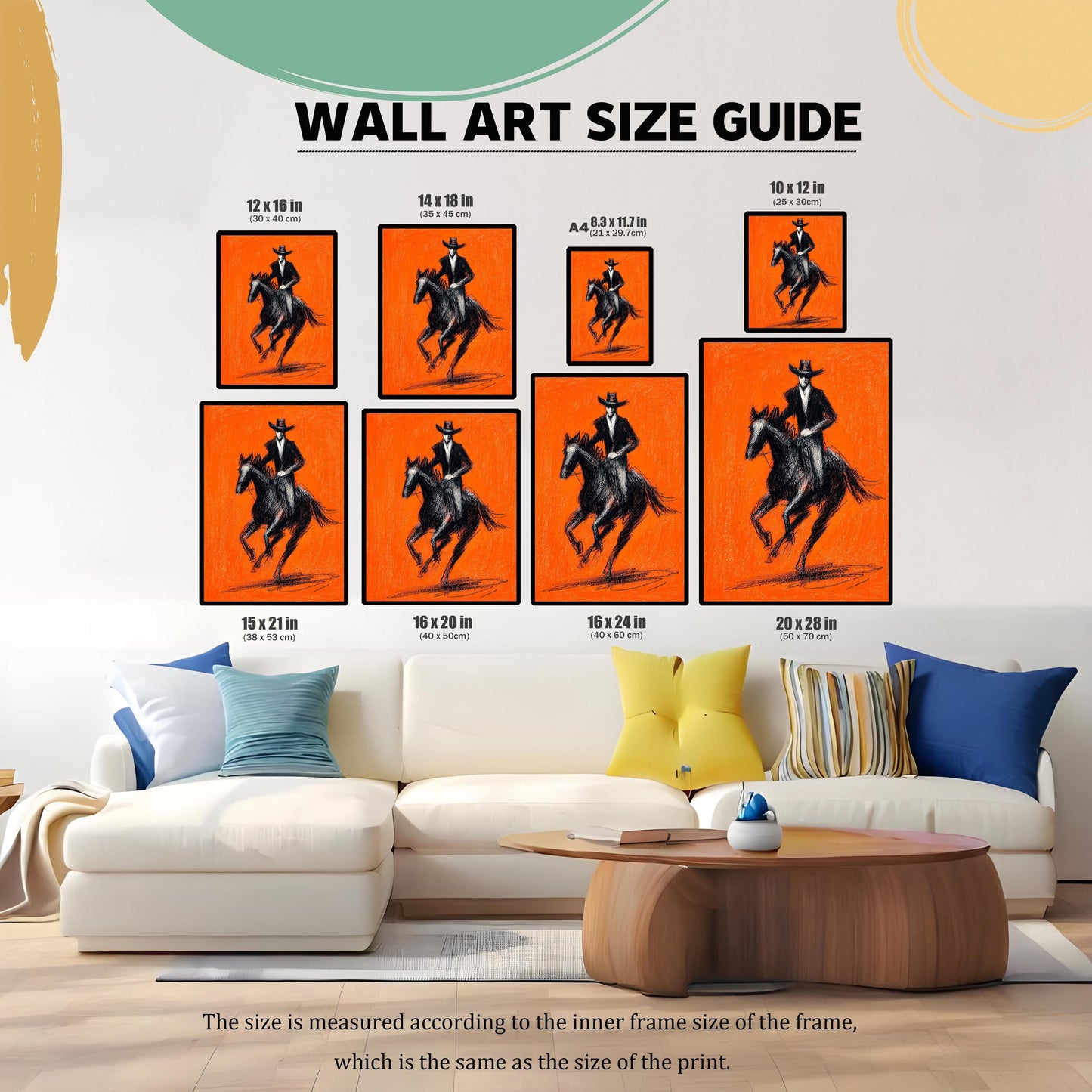A Wall Art Size Guide showing the black and orange cowboy and horse artwork in eight different standard print sizes displayed above a large white couch. Sizes include: 12x16 in, 14x18 in, A4 (8.3x11.7 in), 10x12 in, 15x21 in, 16x20 in, 16x24 in, and 20x28 in.