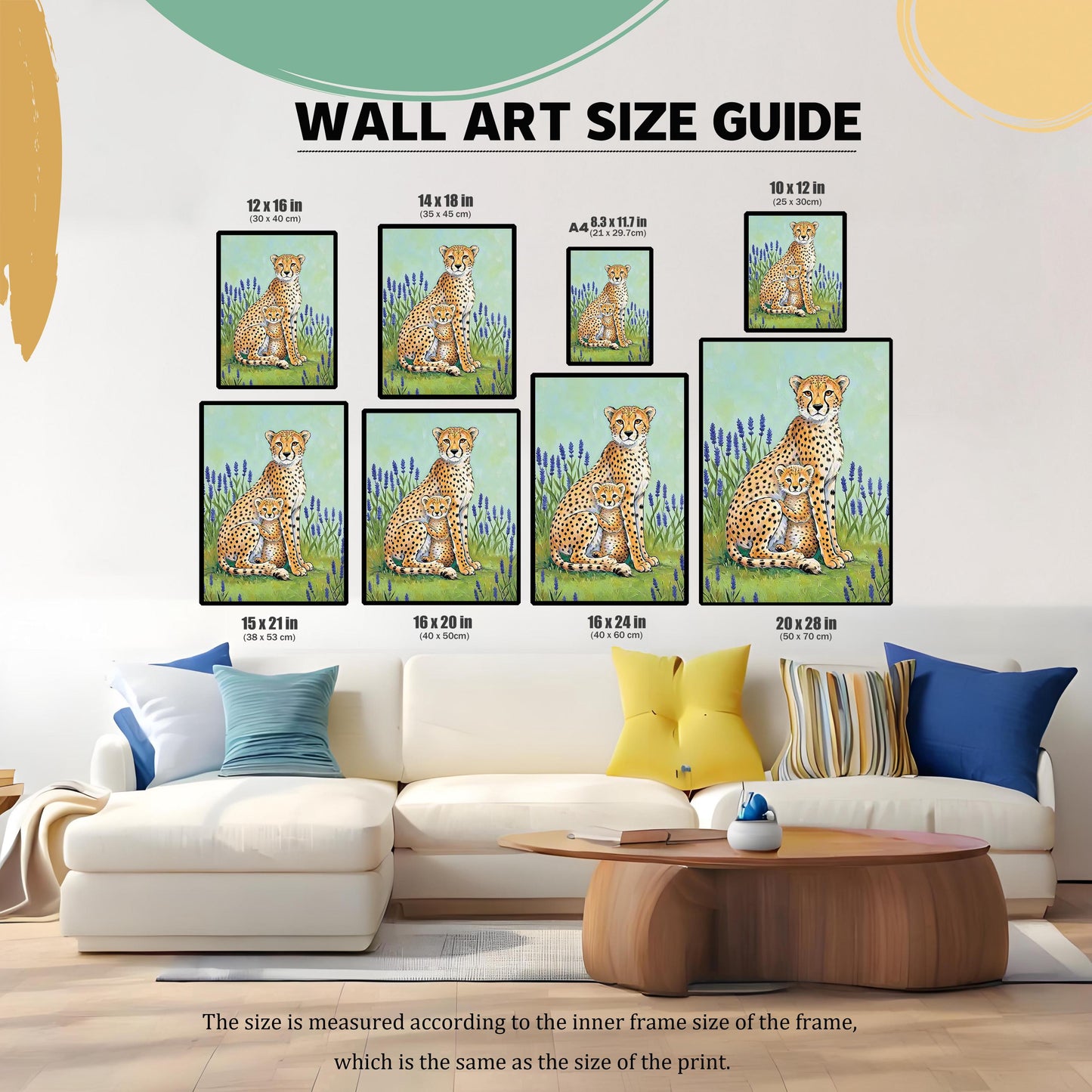 Wall Art Size Guide graphic. It displays nine different available print sizes in inches and centimeters (e.g., 12×16 in, 16×24 in, A4) of the cheetah artwork, arranged over a sofa for scale. Text clarifies that the size is measured according to the inner frame size, which is the same as the size of the print.