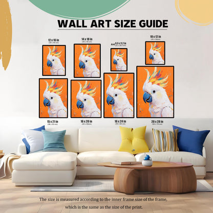 A wall art size guide showing nine different sizes of the cockatoo print arranged on a wall above a couch. Sizes range from 8.3x11.7 inches to 20x28 inches.