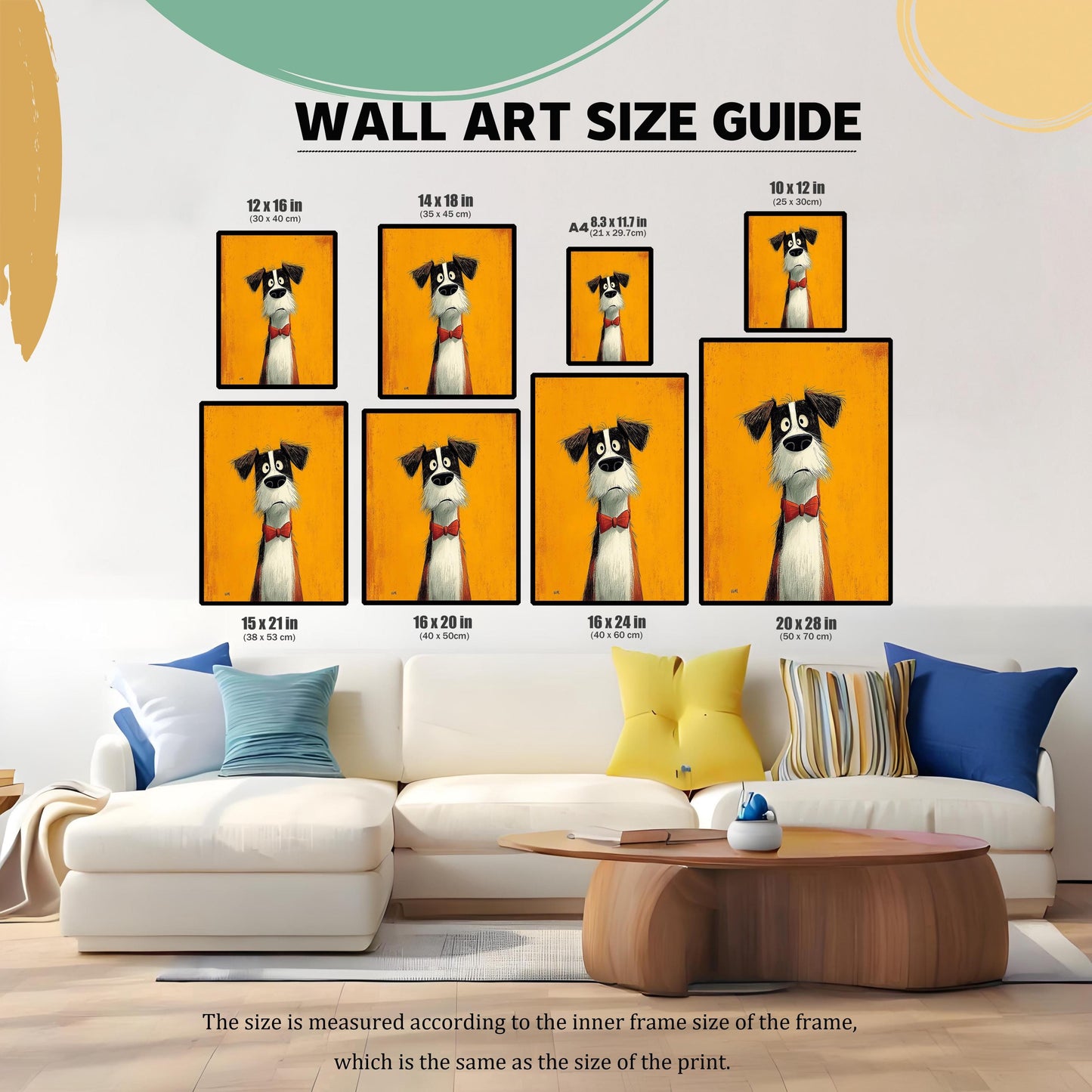 Wall art size guide showing seven different print dimensions in inches and centimeters, displayed over a couch in a living room.