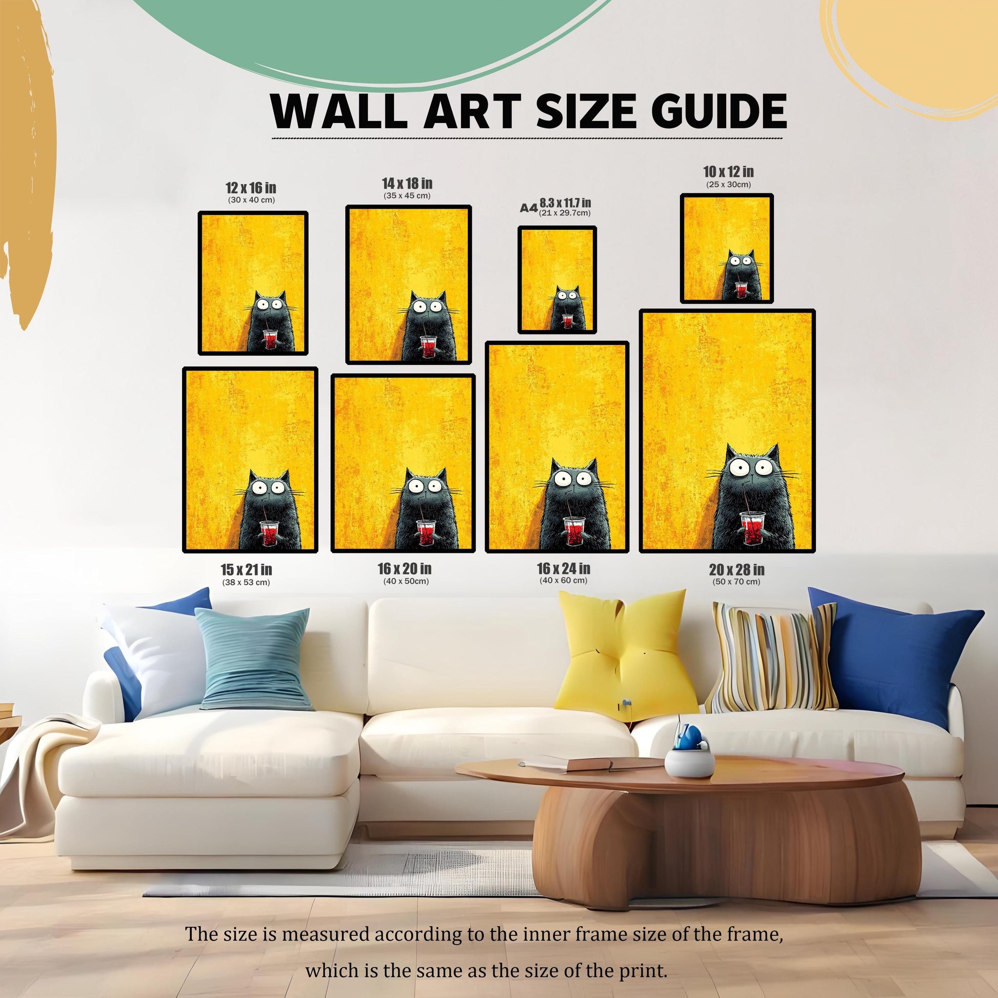 Wall Art Size Guide showing a black, wide-eyed cat print on a yellow background displayed in eight different frame sizes above a white sectional sofa. Sizes range from 8.3×11.7 in (A4) to 20×28 in.