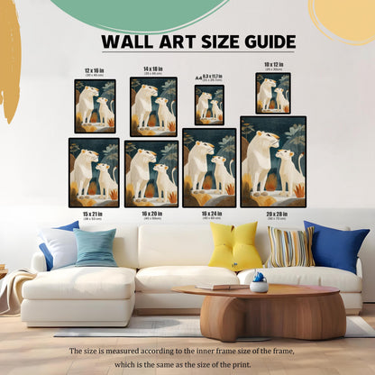 A WALL ART SIZE GUIDE showing the lion print in eight different sizes, displayed above a white sofa with colorful pillows to illustrate scale. Sizes range from 8.3 x 11.7 in (A4) up to 20 x 28 in (50 x 70 cm).