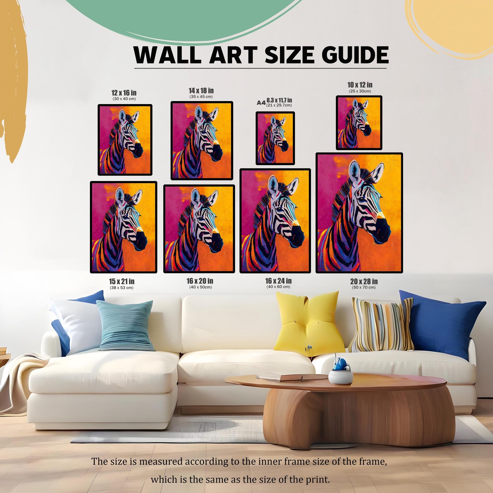 A Wall Art Size Guide graphic showing multiple frame sizes with the zebra print, positioned above a white couch. Sizes include 12×16 in, 14×18 in, 8.3×11.7 in (A4), 10×12 in, 15×21 in, 16×20 in, 16×24 in, and 20×28 in.