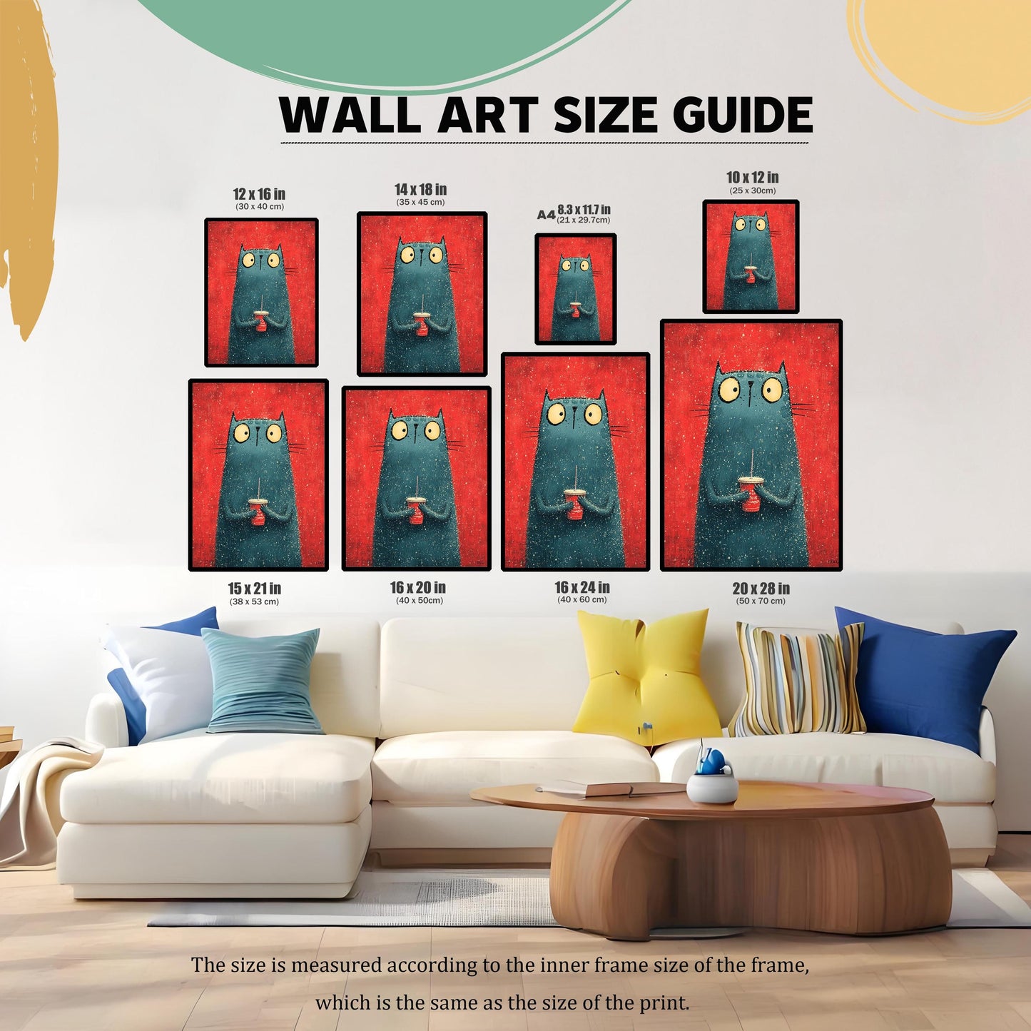 A WALL ART SIZE GUIDE image showing nine different framed prints of the cat (e.g., 12x16 in, 16x24 in, 20x28 in) placed above a white sectional sofa and coffee table for scale. Text notes the size is measured according to the inner frame size.