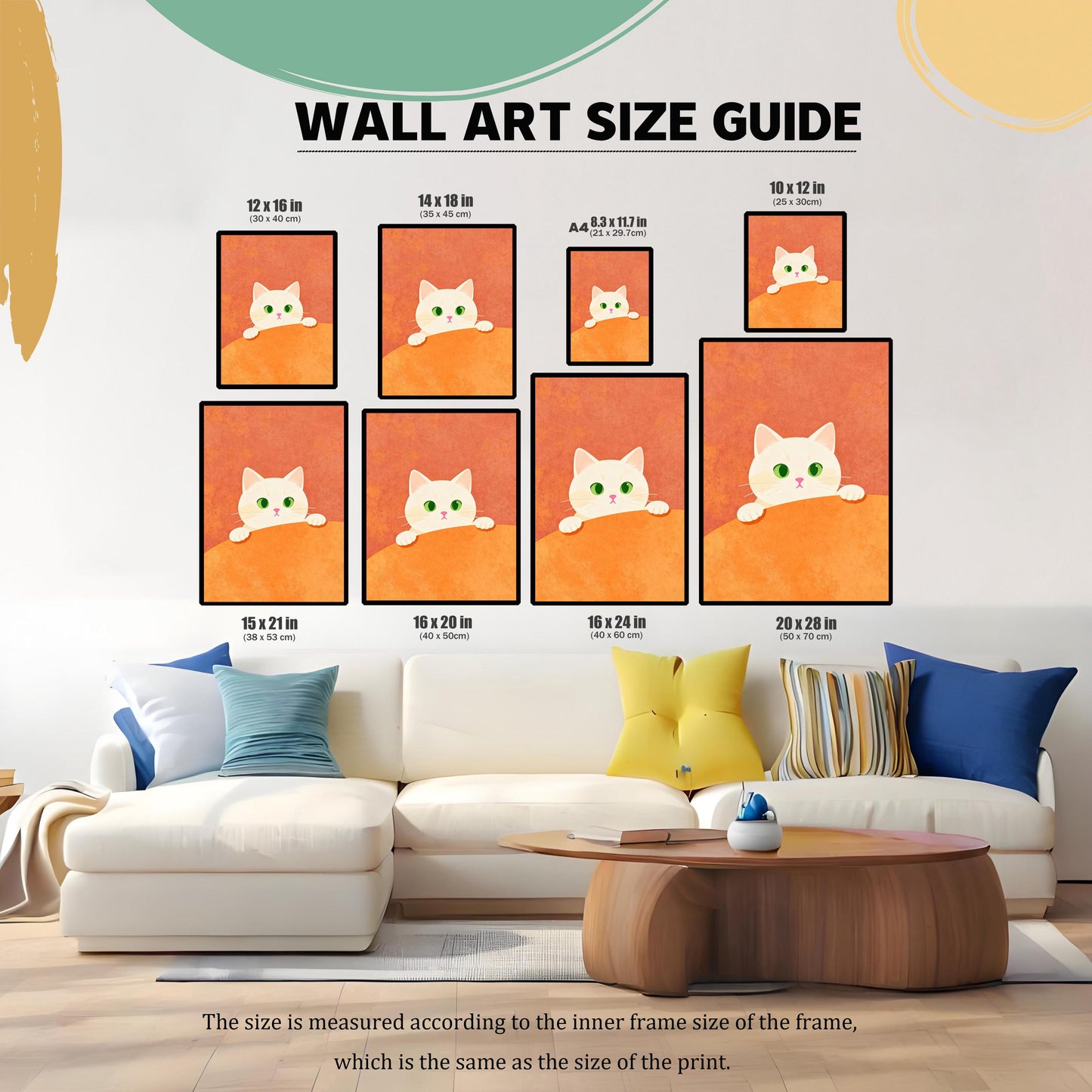 Wall Art Size Guide image showing the cute cat print in various sizes arranged above a couch in a living room. Sizes listed include 12x16 in, 14x18 in, A4 (8.3x11.7 in), 10x12 in, 15x21 in, 16x20 in, 16x24 in, and 20x28 in.