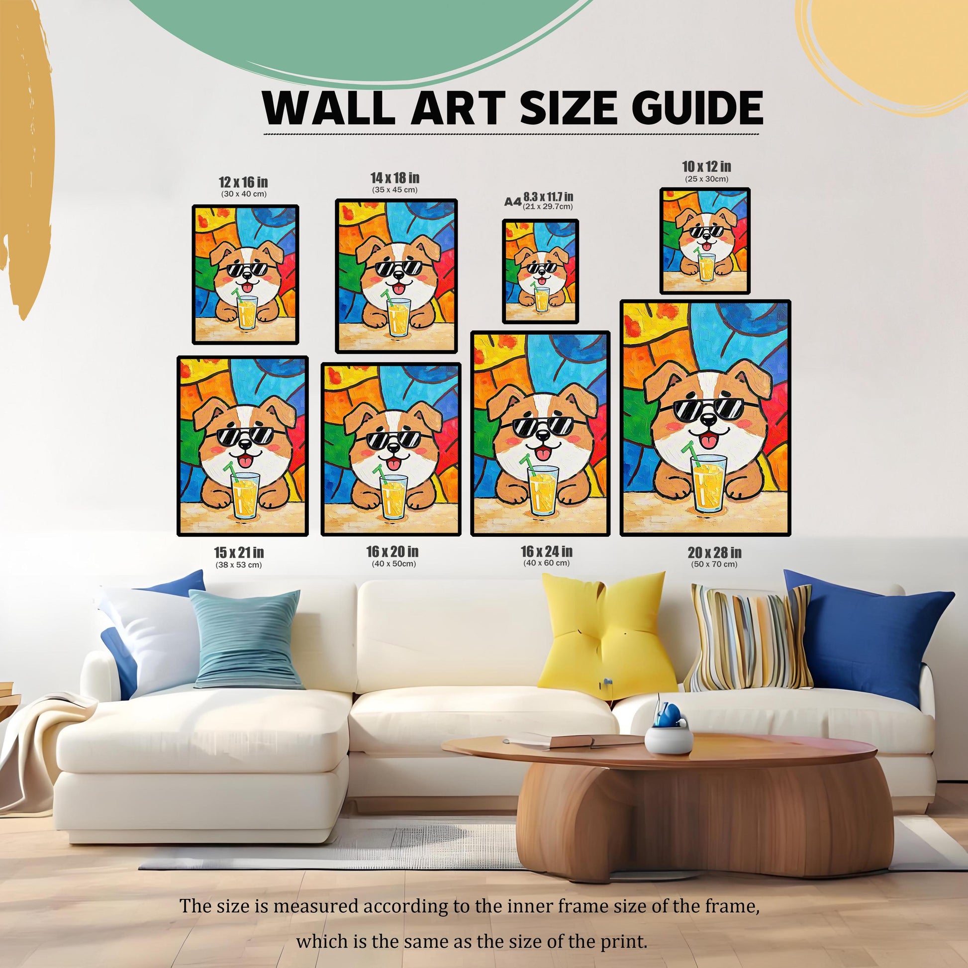 Wall art size guide showing a colorful, abstract painting of a dog in sunglasses with a drink, displayed in various frame sizes above a white couch.