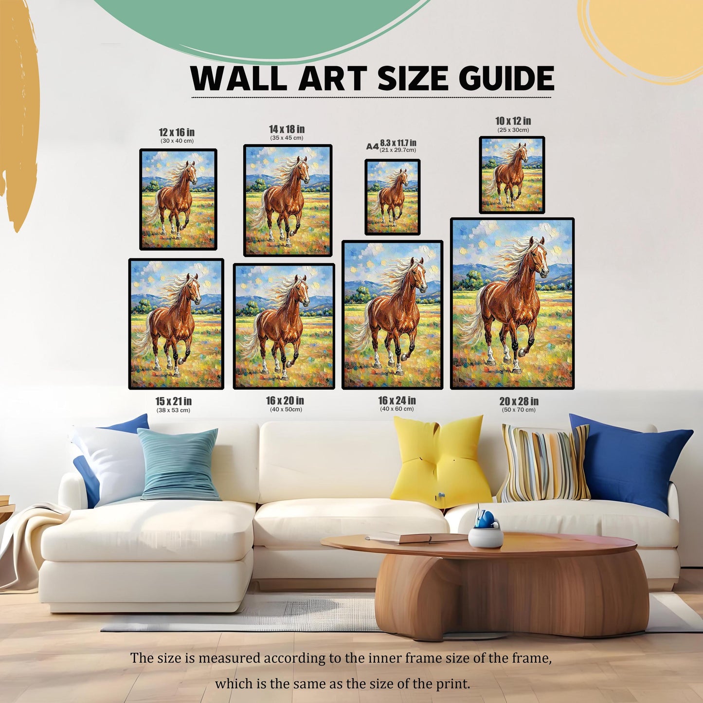 Wall Art Size Guide displaying the chestnut horse oil painting print in eight different sizes above a large white sectional couch.