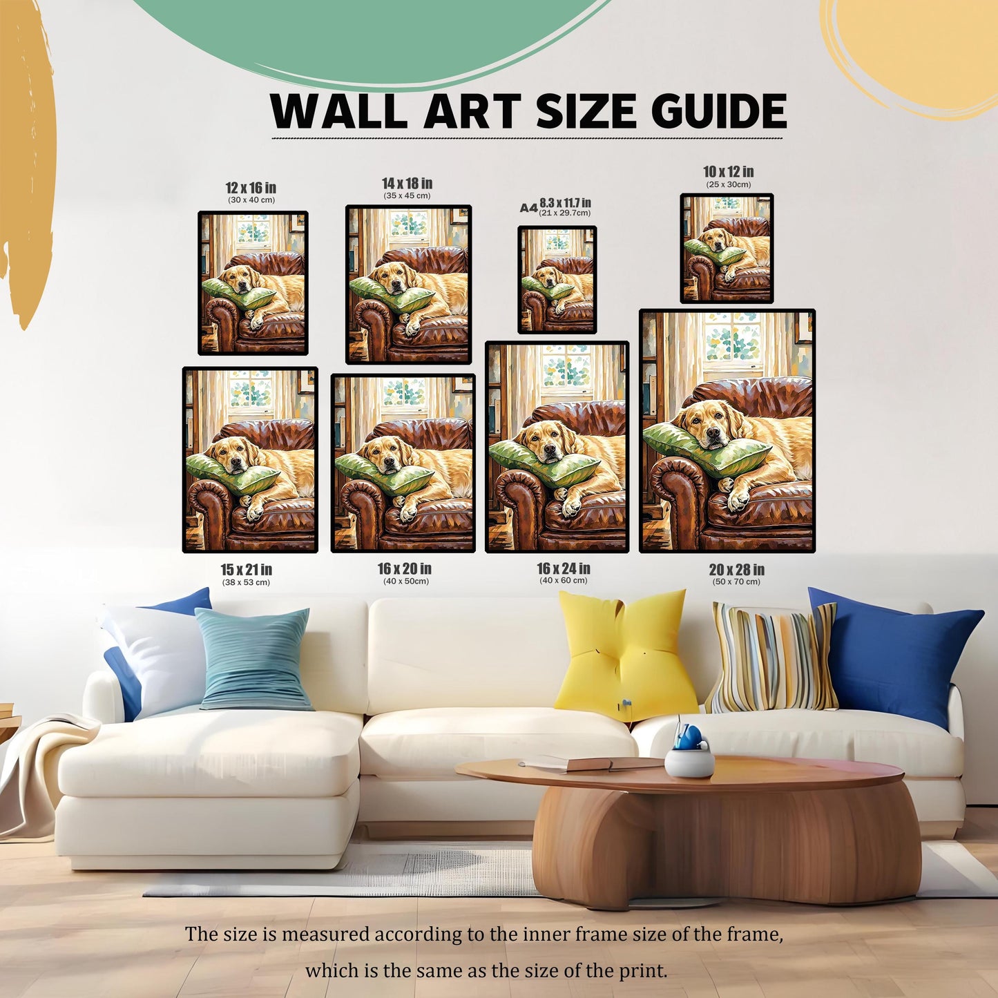Wall Art Size Guide displaying the Labrador painting print in eight different sizes above a large white sectional couch.