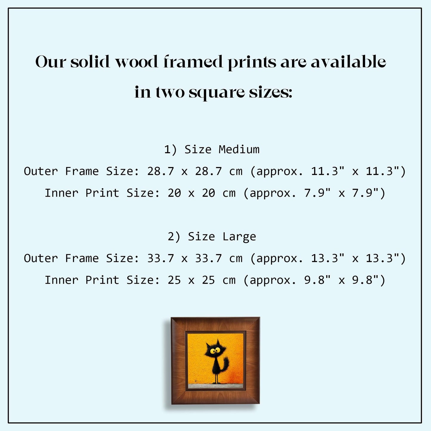 A size guide infographic for solid wood framed prints, listing Medium (11.3" x 11.3") and Large (13.3" x 13.3") outer dimensions with corresponding inner print sizes.