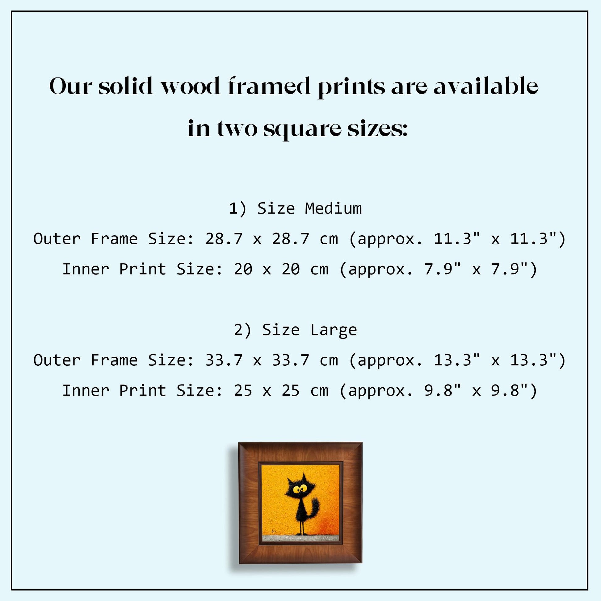 A size guide infographic for solid wood framed prints, listing Medium (11.3" x 11.3") and Large (13.3" x 13.3") outer dimensions with corresponding inner print sizes.