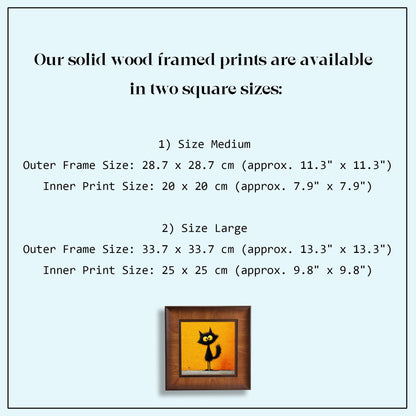 A size guide infographic for solid wood framed prints, listing Medium (11.3" x 11.3") and Large (13.3" x 13.3") outer dimensions with corresponding inner print sizes.