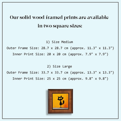 A size guide infographic for solid wood framed prints, listing Medium (11.3" x 11.3") and Large (13.3" x 13.3") outer dimensions with corresponding inner print sizes.