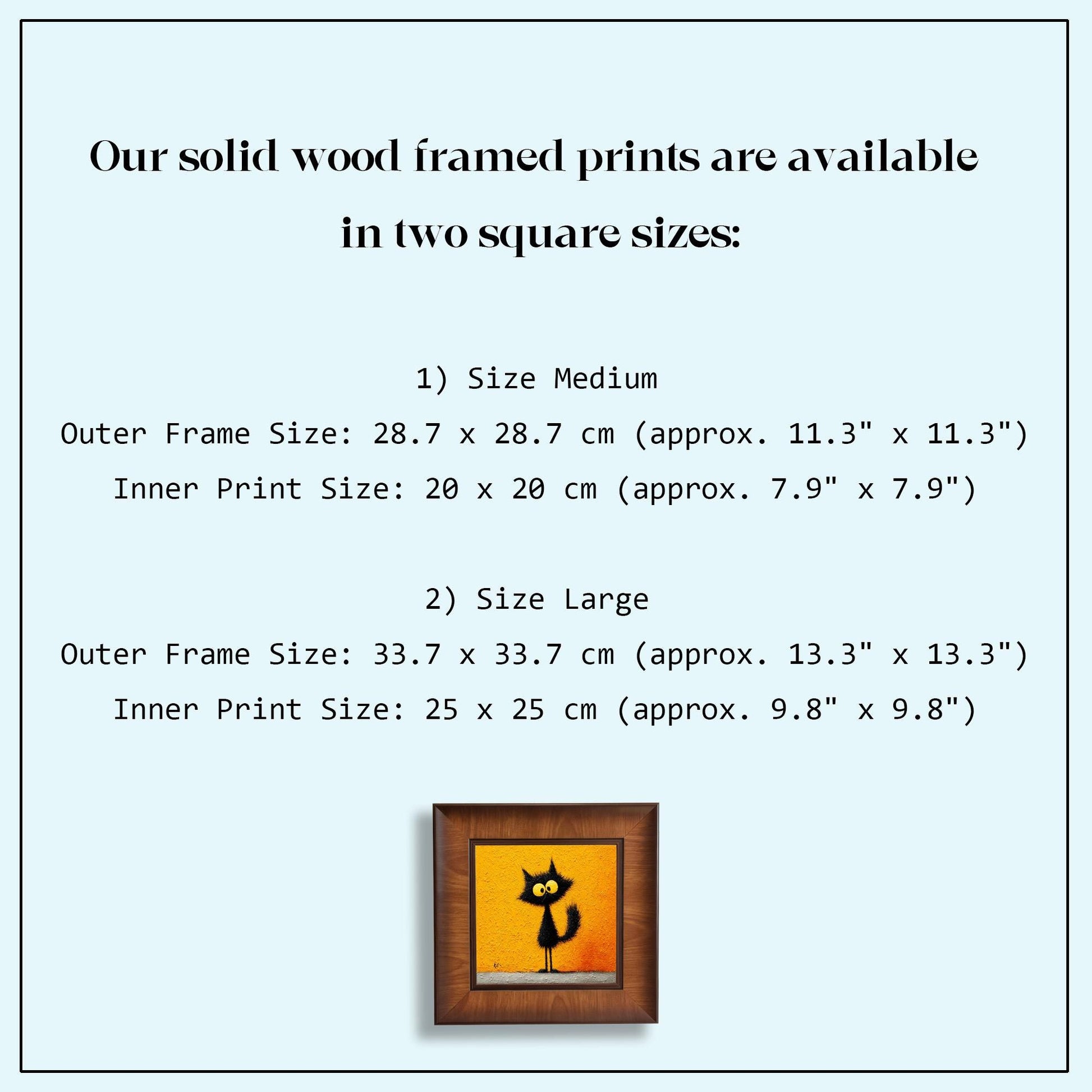 A size guide infographic for solid wood framed prints, listing Medium (11.3" x 11.3") and Large (13.3" x 13.3") outer dimensions with corresponding inner print sizes.