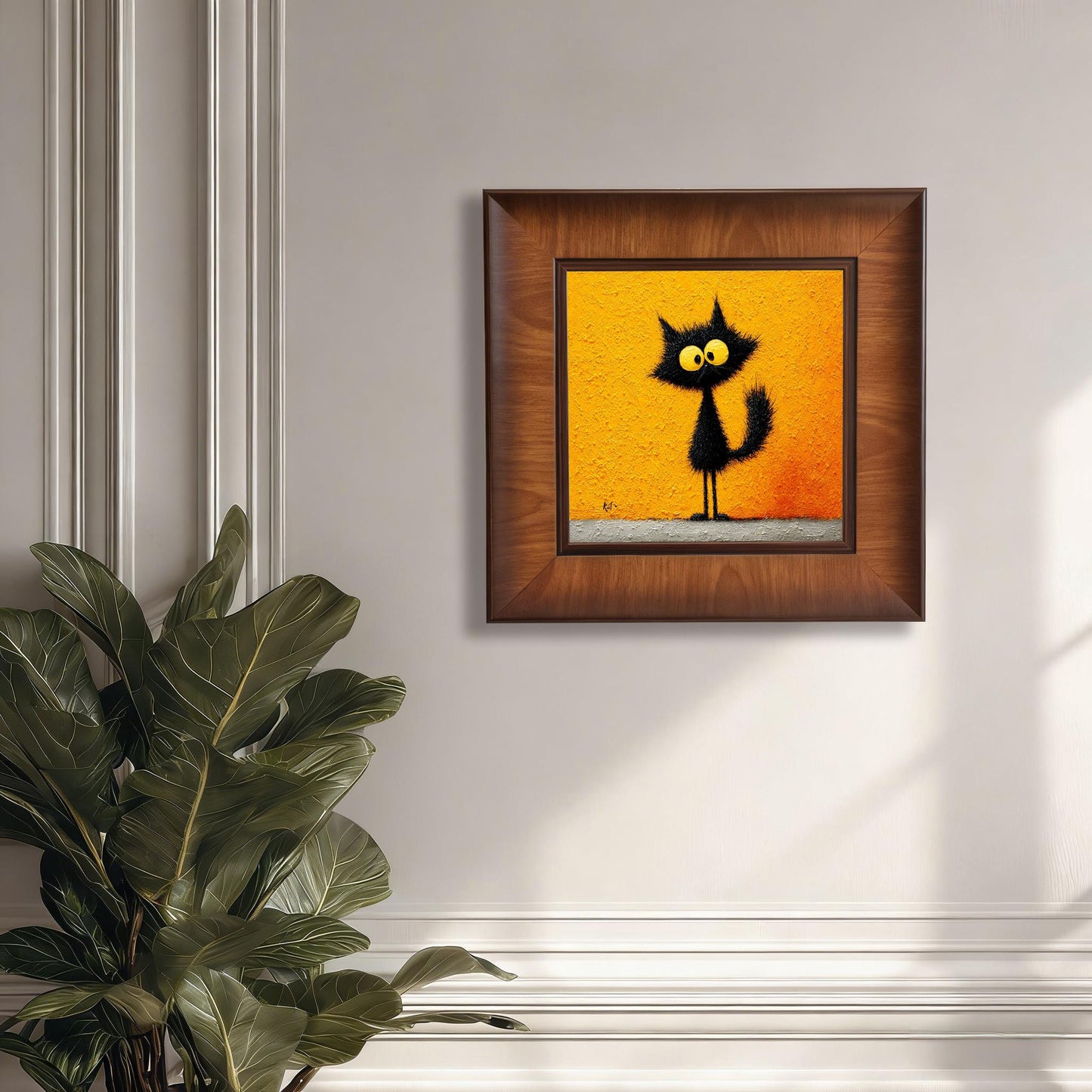 A whimsical square framed wall art featuring a black textured cat on a bright orange background, hung in a modern minimalist room with elegant wall molding.