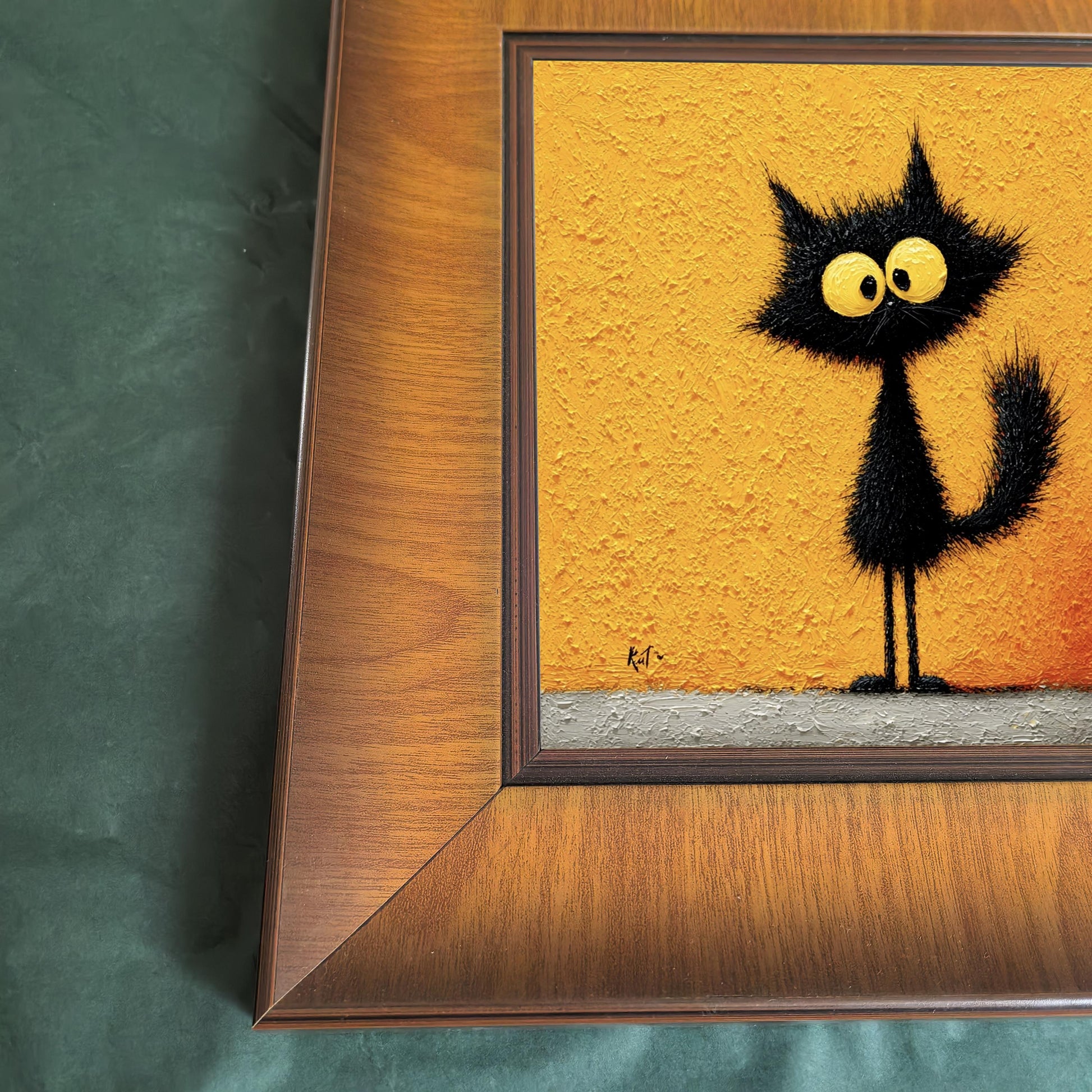 Close-up corner detail of the rich brown wood grain frame surrounding a textured yellow and orange impasto art print.