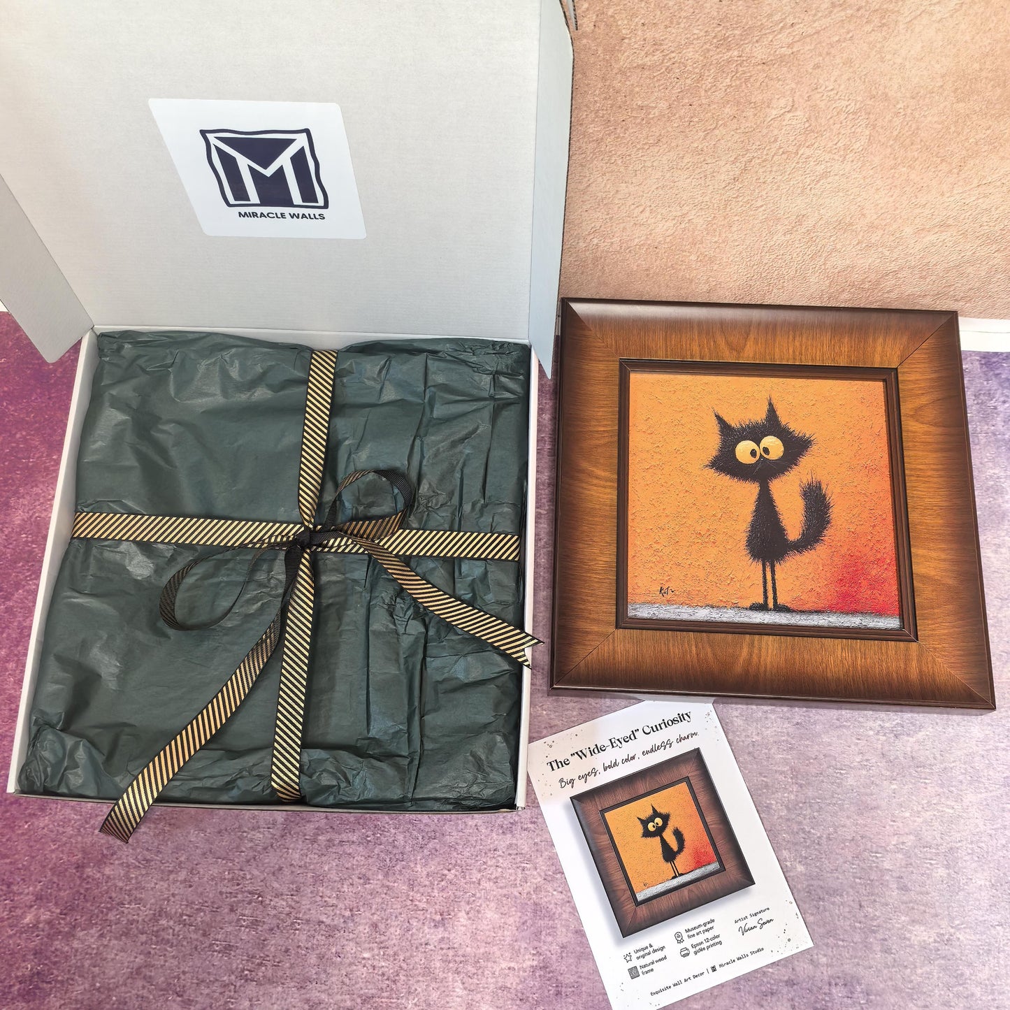 Whimsical Black Cat Wood Square Framed Wall Art Giclée Print