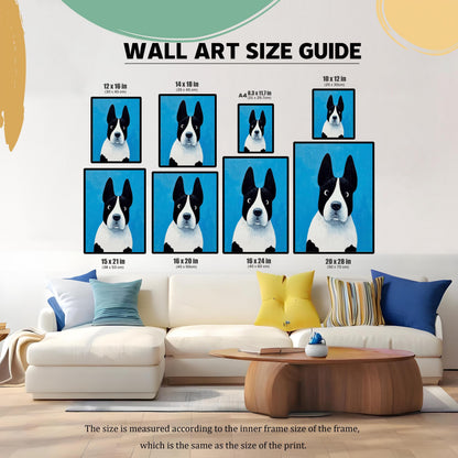 A Wall Art Size Guide graphic showing eight different sizes of the framed dog print (12x16, 14x18, A4, 10x12, 15x21, 16x20, 16x24, 20x28 inches) displayed above a large white sofa with colorful pillows and a wooden coffee table.