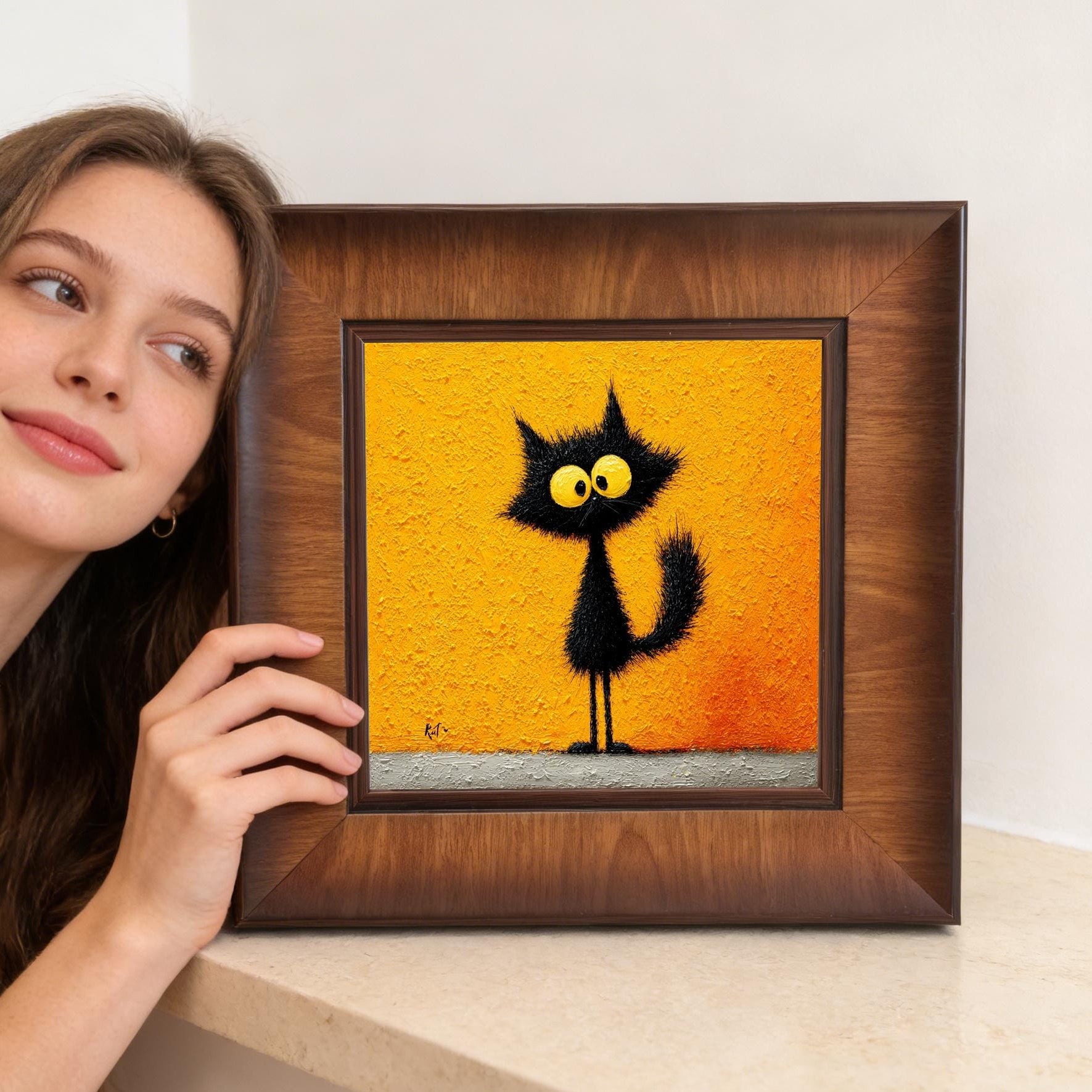 A woman smiling and leaning next to a square wood-framed quirky cat print, showing the product's size and decorative appeal in a home setting.