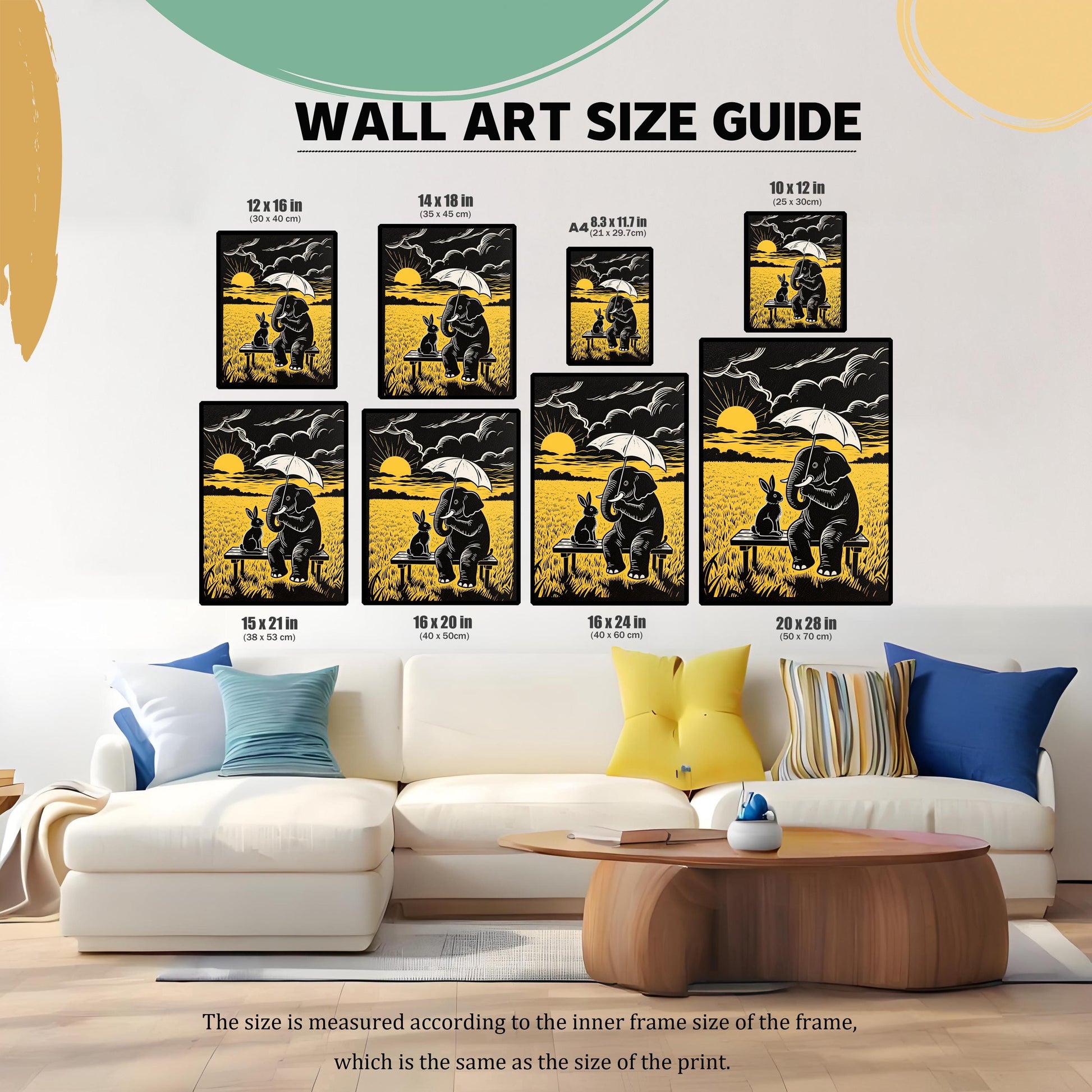 A size guide showing the art print in various dimensions (12x16, 14x18, A4, 10x12, 15x21, 16x20, 16x24, 20x28) above a large white couch.
