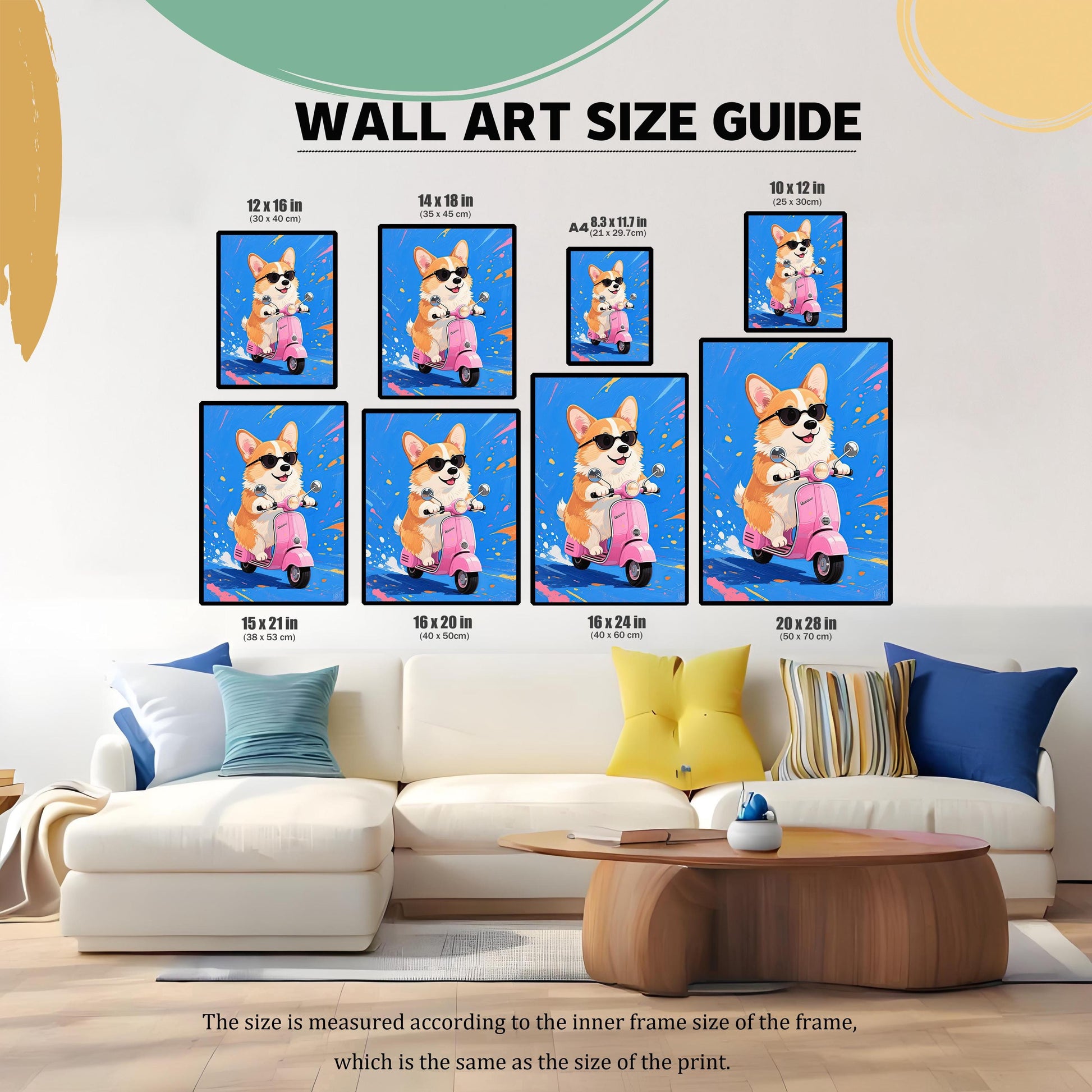 A size guide showing the corgi on a scooter art in various dimensions (12x16, 14x18, A4, 10x12, 15x21, 16x20, 16x24, 20x28) above a large white couch.