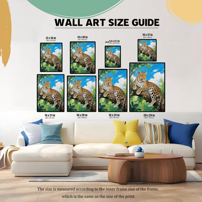A size guide shows the leopard print in various dimensions over a couch and coffee table in a modern living room.