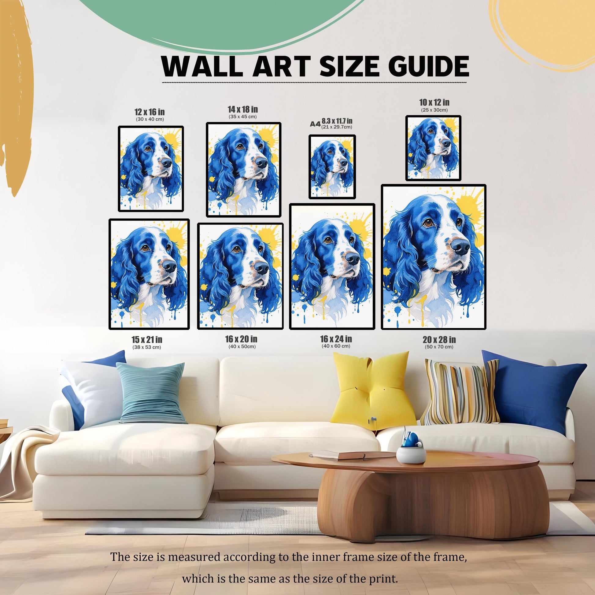 A size guide shows the blue and yellow dog print in various dimensions over a couch and coffee table.
