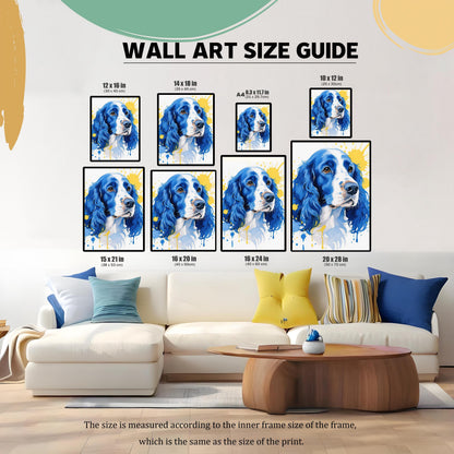 A size guide shows the blue and yellow dog print in various dimensions over a couch and coffee table.