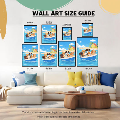 A wall art size guide showing eight different sizes of a framed cartoon image of dogs in a boat, displayed on a living room wall above a sofa.