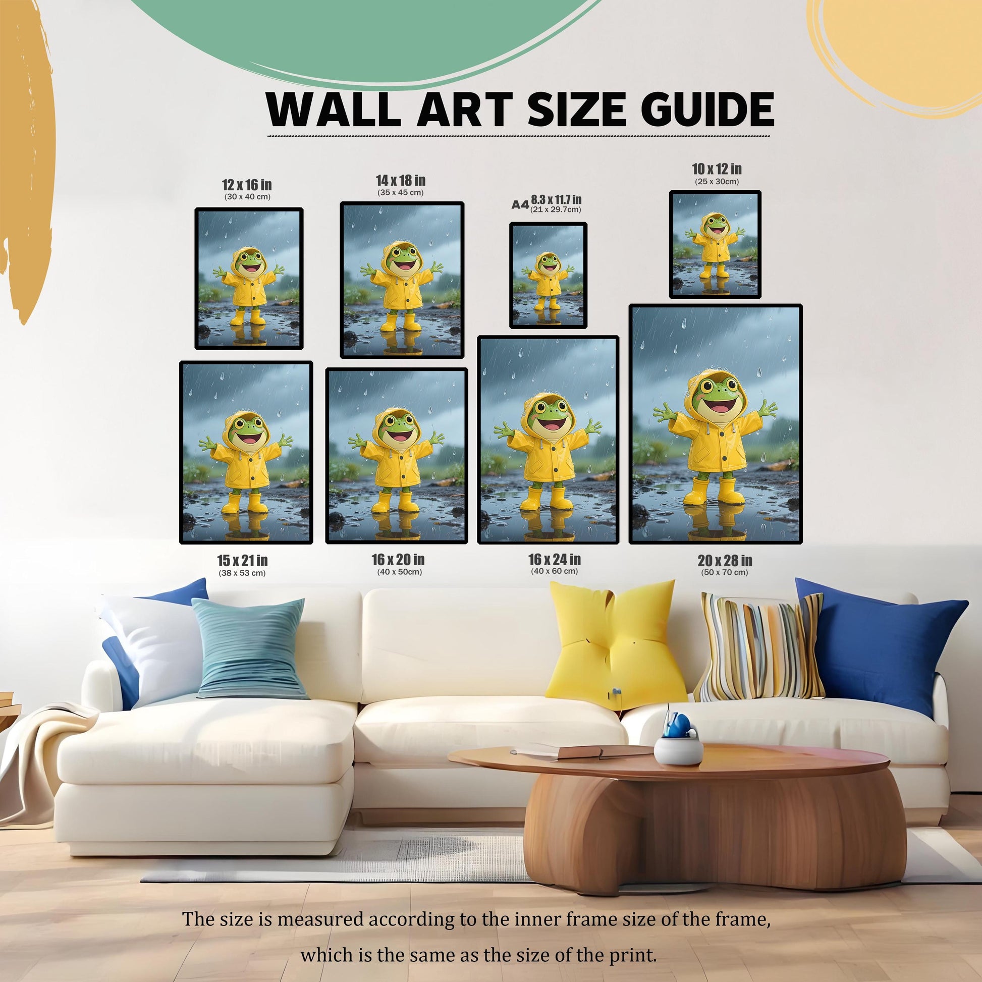 A wall art size guide showing nine different framed sizes of a cartoon frog in a yellow raincoat, displayed on a living room wall above a sofa.