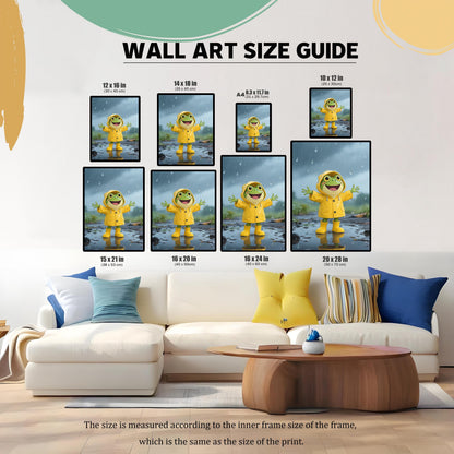 A wall art size guide showing nine different framed sizes of a cartoon frog in a yellow raincoat, displayed on a living room wall above a sofa.