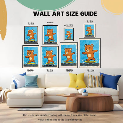 A wall art size guide showing the bear on a skateboard print in various common sizes (e.g., 12x16, 16x20, 20x28 inches) displayed above a white sofa.